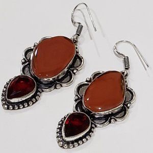Handmade Solar Agate, Garnet Gemstone 925 Drop Earrings